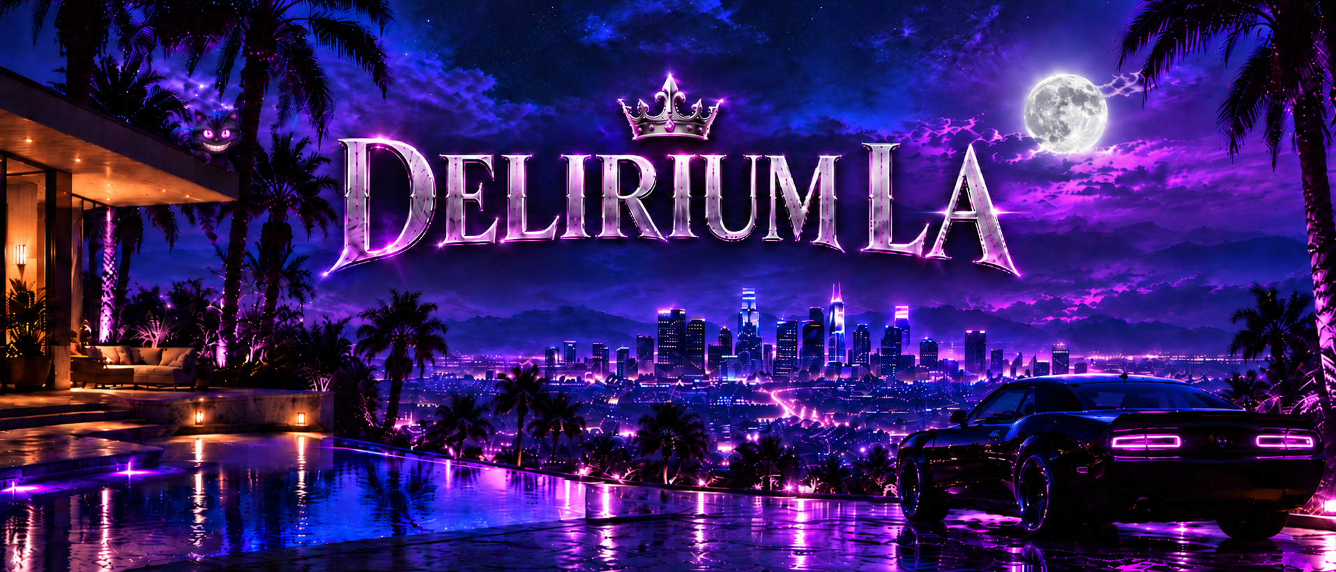 Silver crowned Delirium LA lettering above an orchid and cobalt city skyline, silver moon, mansion, pool, and a grinning cat.
